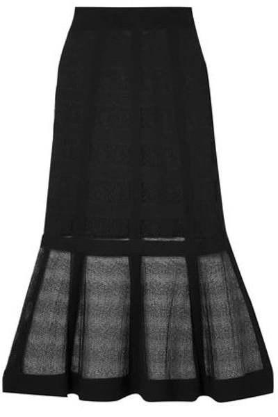Shop Alexander Mcqueen Lace-paneled Stretch-knit Midi Skirt In Black