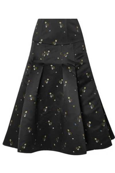 Shop Erdem Gael Flared Embroidered Duchesse-satin Midi Skirt In Black