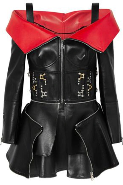 Shop Alexander Mcqueen Cold-shoulder Embellished Two-tone Leather Top In Black