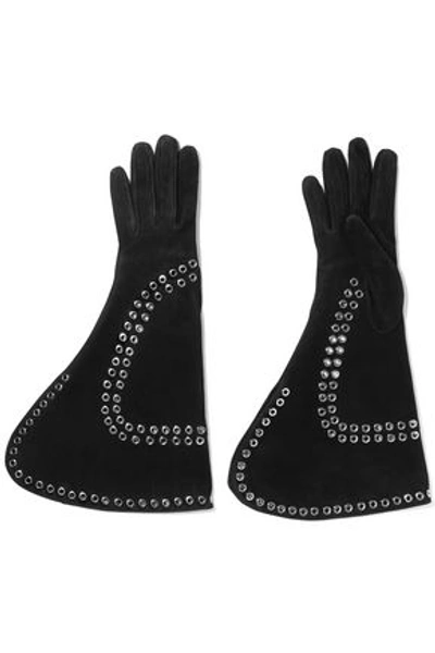 Shop Alexander Mcqueen Woman Eyelet-embellished Suede Gloves Black