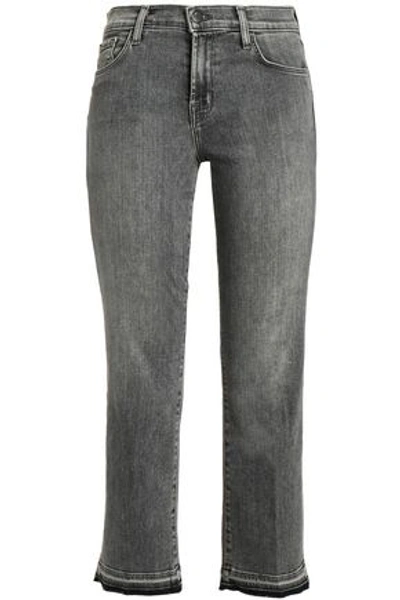 Shop J Brand Cropped Distressed Mid-rise Bootcut Jeans In Dark Gray
