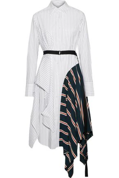 Shop Tome Woman Belted Paneled Striped Cotton-poplin Shirt Dress White