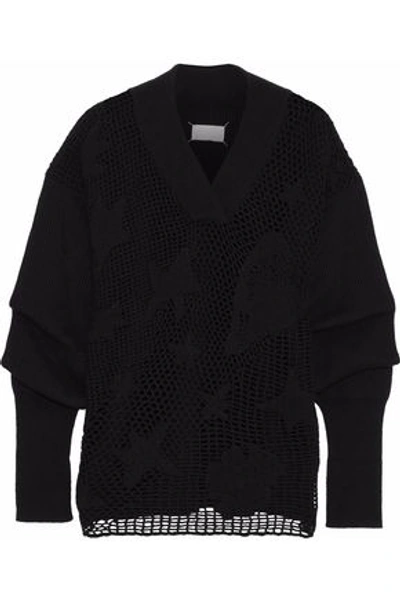 Shop Maison Margiela Woman Ribbed Open-knit Wool-blend Sweater Black
