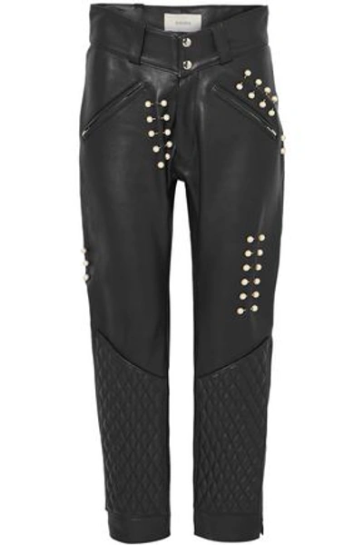 Shop Maison Margiela Woman Faux Pearl-embellished Leather Pants Black