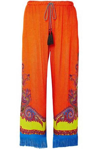 Shop Etro Fringe-trimmed Printed Stretch-knit Wide-leg Pants In Orange