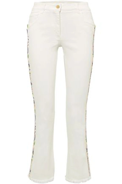 Shop Etro Embroidered Grosgain-trimmed High-rise Kick-flare Jeans In Off-white