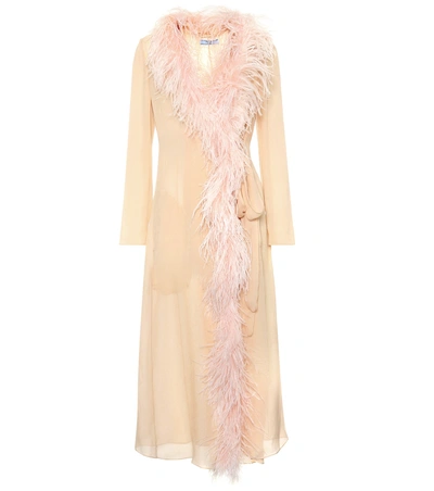 Shop Prada Feather-trimmed Silk Coat In Pink