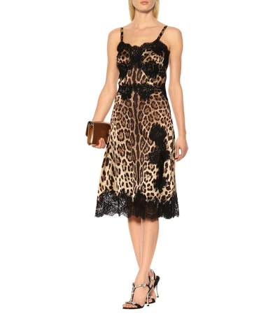 Shop Dolce & Gabbana Lace-trimmed Silk-blend Dress In Brown