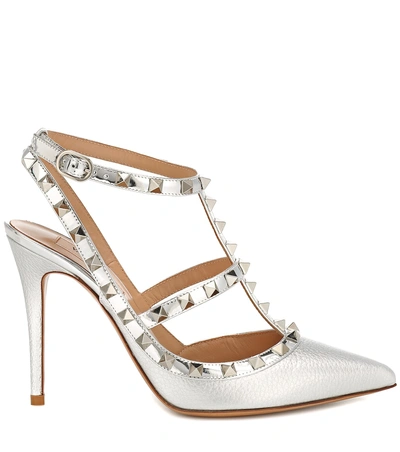 Shop Valentino Rockstud Leather Pumps In Silver
