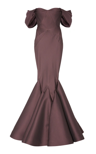 Shop Zac Posen Off-the-shoulder Mermaid Taffeta Gown In Purple