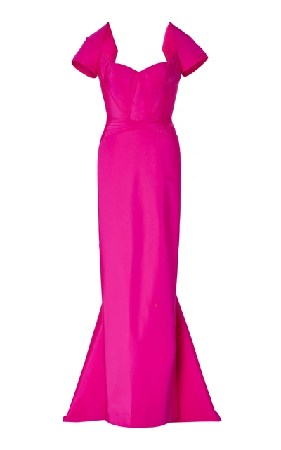 Shop Zac Posen Fitted Faille Off Shoulder Silk Gown In Pink