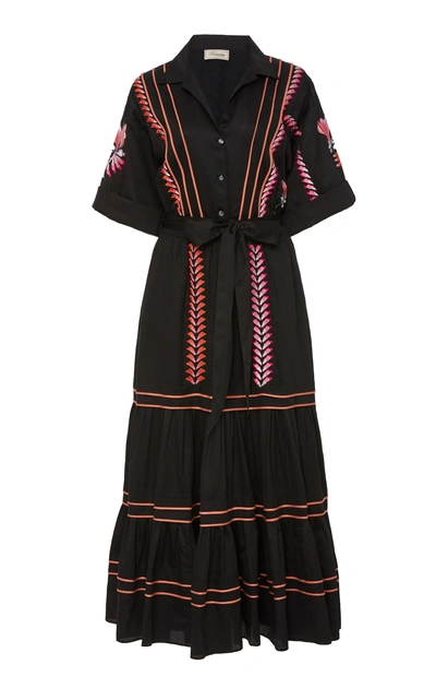 Shop Temperley London Blossom-print Cotton-poplin Midi Shirt Dress In Black