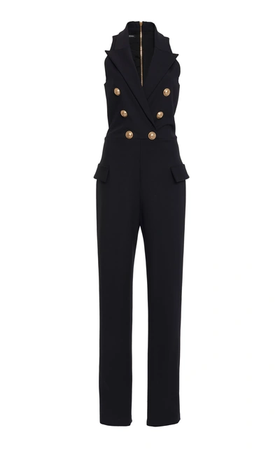 Shop Balmain Button Detailed Double-breasted Wool-blend Jumpsuit In Black