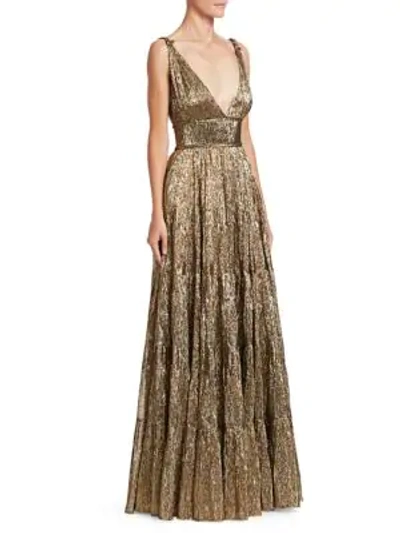 Shop Oscar De La Renta Crinked Metallic A-lined Gown In Gold