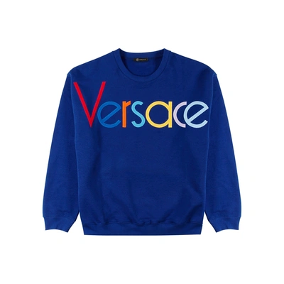 Shop Versace Blue Logo-embroidered Cotton Sweatshirt