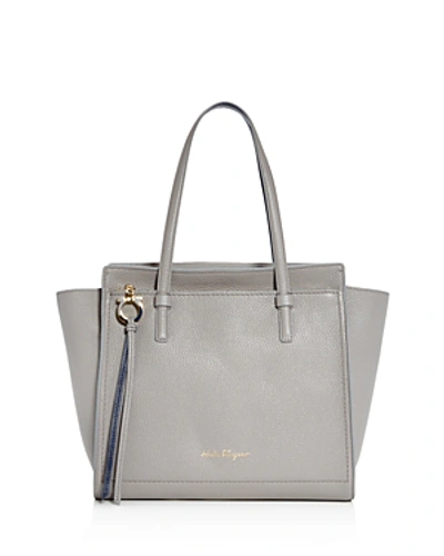 Shop Ferragamo Amy Medium Leather Shoulder Bag In Pale Gray/navy/gold