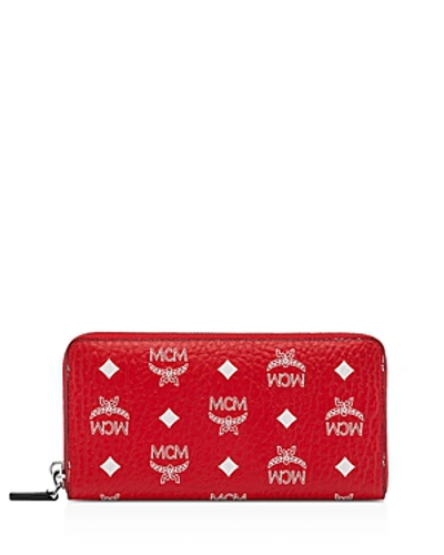 Shop Mcm Visetos Large Zip-around Wallet In White Logo Viva Red