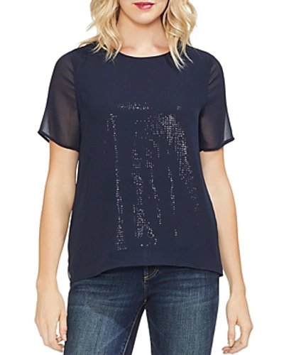 Shop Vince Camuto Petites Sequined Sheer-detail Tee In Classic Navy
