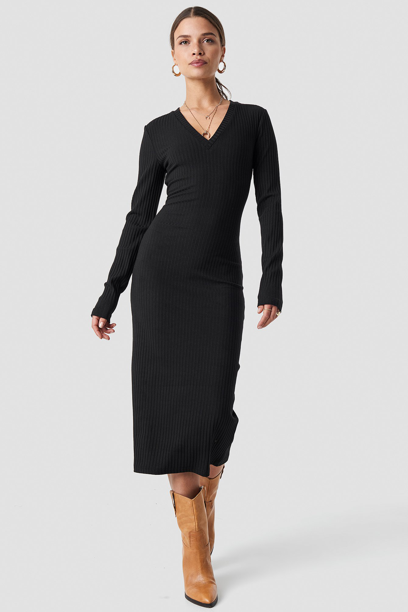 v neck ribbed midi dress