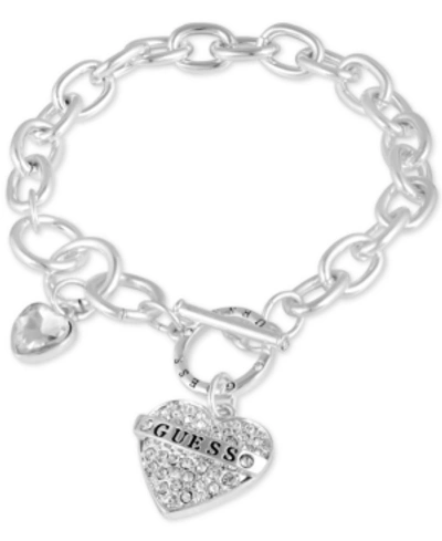 Shop Guess Silver-tone Crystal Logo Heart Charm Link Bracelet