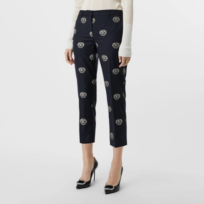 Shop Burberry Crest Detail Wool Cropped Tailored Trousers In Midnight Blue