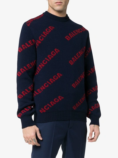 Shop Balenciaga Navy Blue Logo Knitted Wool Jumper In 4174 Navy Red