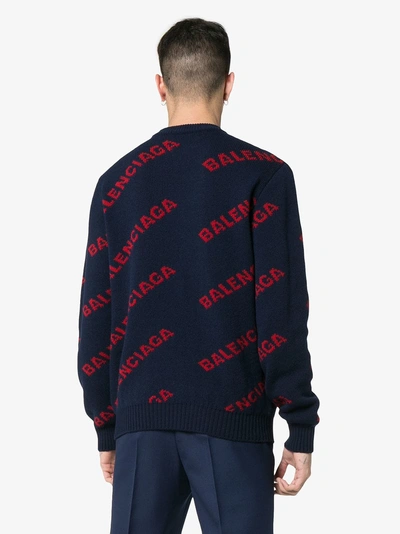 Shop Balenciaga Navy Blue Logo Knitted Wool Jumper In 4174 Navy Red