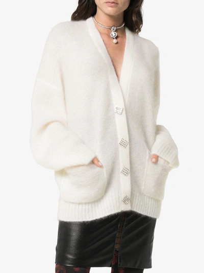 Shop Alessandra Rich Mohair Cardigan With Crystal Button In White