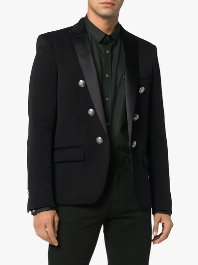 Shop Balmain 6 Button Wool Blazer With Satin Lapels In Black