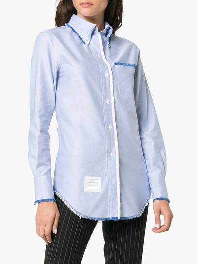 Shop Thom Browne Classic Long Sleeve Button Down Point Collar Shirt W/ Fray In Solid Oxford W/ Engineered In Blue