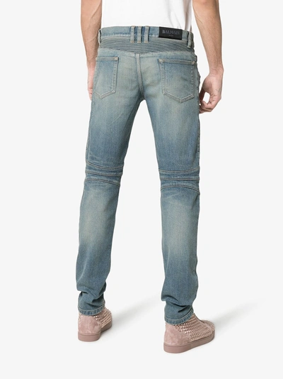 Shop Balmain Biker Cotton-blend Jeans In Z003 Blue