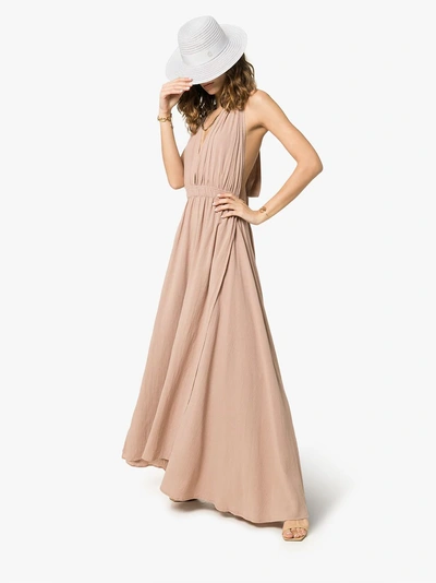 Shop Caravana Hera V Neck Flared Cotton Maxi Dress In Pink