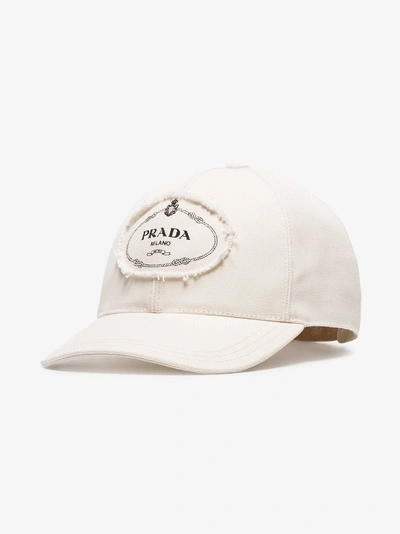 Shop Prada White And Black Logo Print Applique Cotton Cap