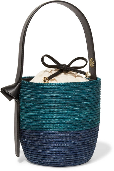 Shop Cesta Collective Lunchpail Leather-trimmed Woven Sisal Bucket Bag In Navy