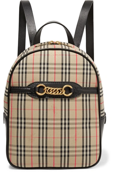 Shop Burberry Embellished Leather And Checked Cotton-drill Backpack In Beige