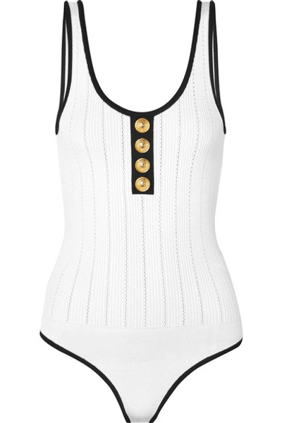 Shop Balmain Button-detailed Ribbed Stretch-knit Bodysuit In White