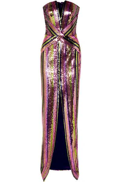 Shop Rasario Strapless Sequined Crepe Gown In Purple