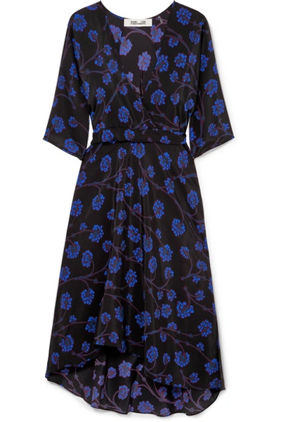 Shop Diane Von Furstenberg Eloise Asymmetric Printed Silk Crepe De Chine Wrap Dress In Black
