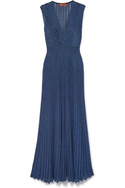 Shop Missoni Pleated Lurex Maxi Dress In Blue