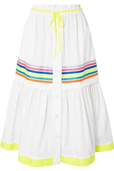 Shop Mira Mikati Grosgrain-trimmed Cotton-twill Midi Skirt In White