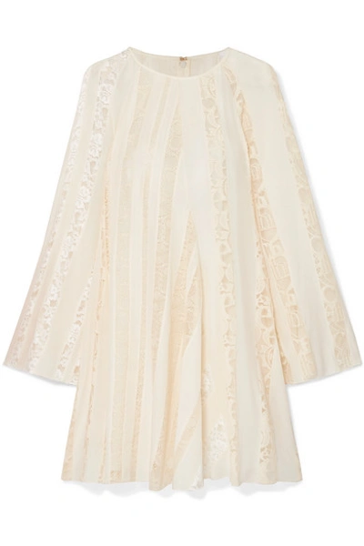 Shop Chloé Lace-paneled Silk-chiffon Mini Dress In Ivory