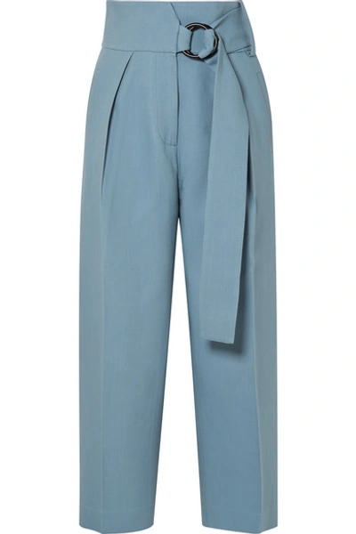 Shop Petar Petrov Hayes Cropped Belted Wool And Silk-blend Wide-leg Pants In Light Blue