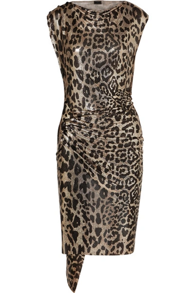 Shop Paco Rabanne Gathered Leopard-print Chainmail Dress In Leopard Print