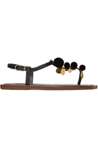 Shop Dolce & Gabbana Pompom And Charm-embellished Lizard-effect Leather Sandals In Black