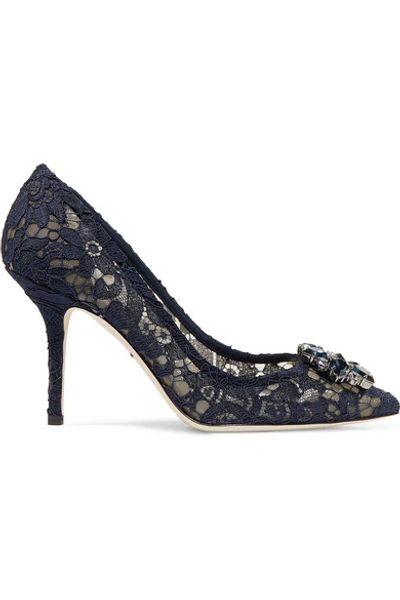 Shop Dolce & Gabbana Crystal-embellished Corded Lace Pumps In Navy