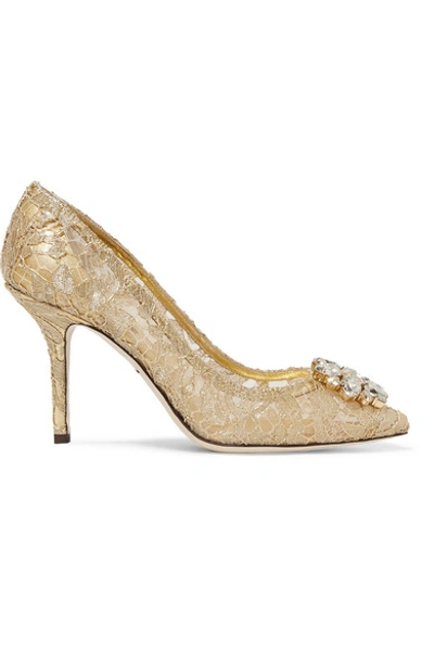Shop Dolce & Gabbana Crystal-embellished Corded Lace Pumps In Gold