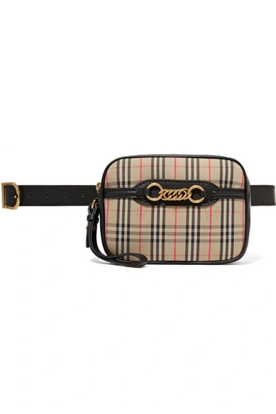 Shop Burberry Embellished Leather-trimmed Checked Cotton-drill Belt Bag In Beige