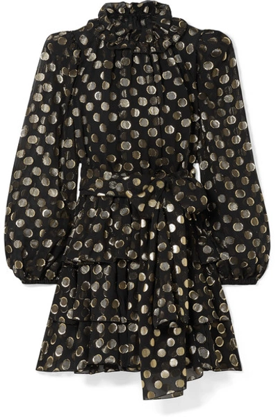Shop Dolce & Gabbana Polka-dot Metallic Fil Coupé Silk-blend Chiffon Mini Dress In Black