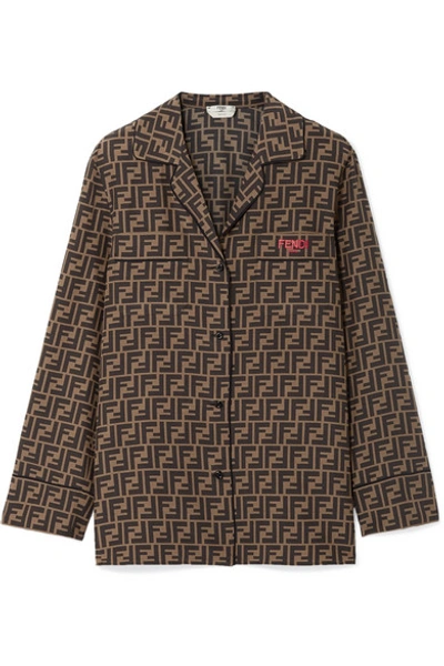 Shop Fendi Embroidered Printed Silk-satin Shirt In Tan