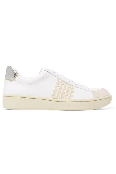 Shop Loeffler Randall Elliot Rickrack-trimmed Leather And Suede Sneakers In White